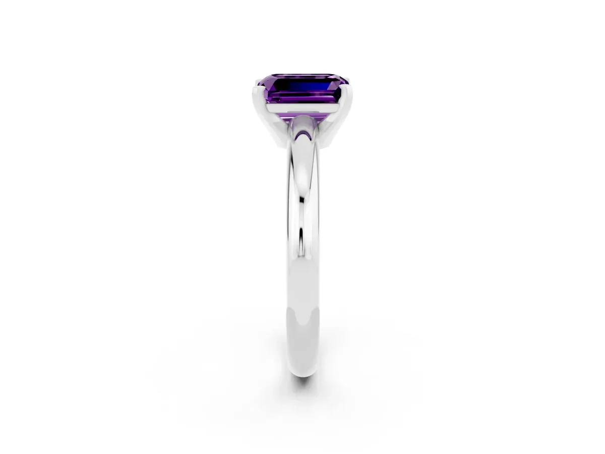 Emerald Cut Amethyst Solitaire Engagement Ring with Round Band and Four-Prong Setting Silver