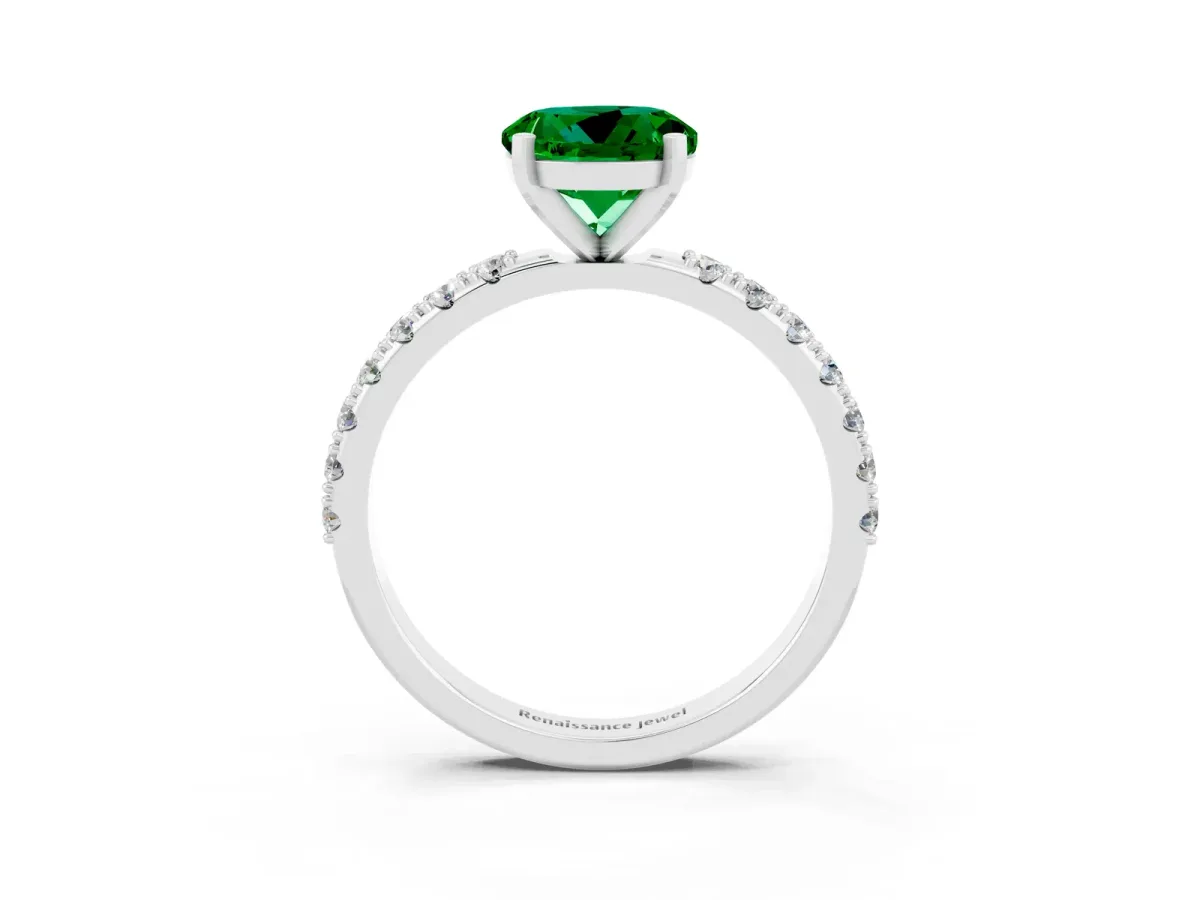 Round Cut Emerald Solitaire Pavé Band with Four-Prong Setting Silver
