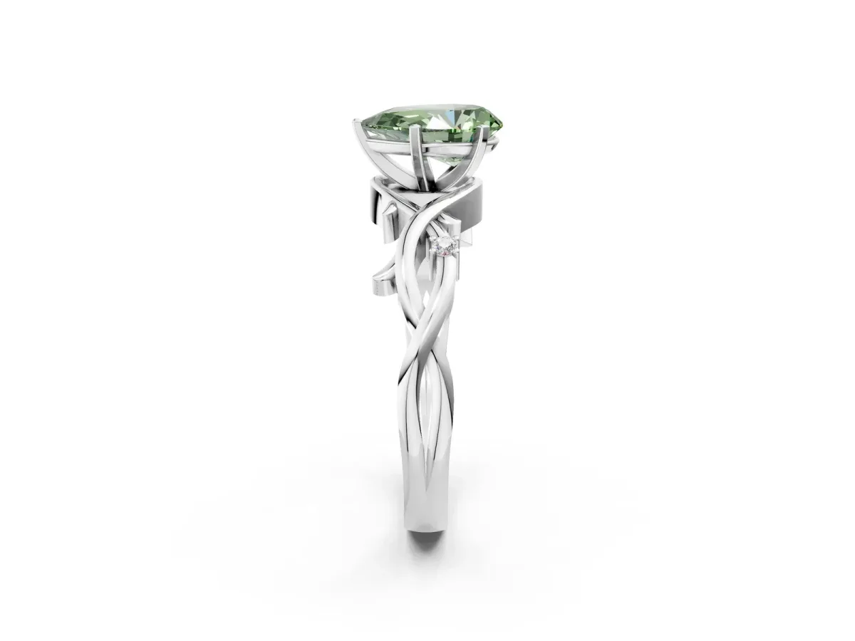 Fancy Green Pear Cut Diamond Solitaire Ring with Twisted Band and Prong Setting Silver