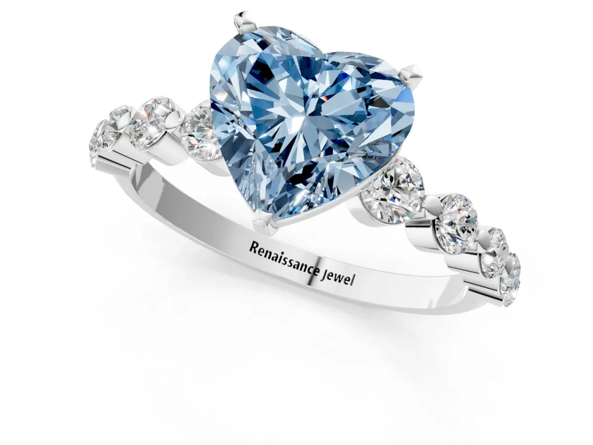Fancy Blue Heart Cut Solitaire Diamond Ring with Pave Band and Four-Prong Setting Silver
