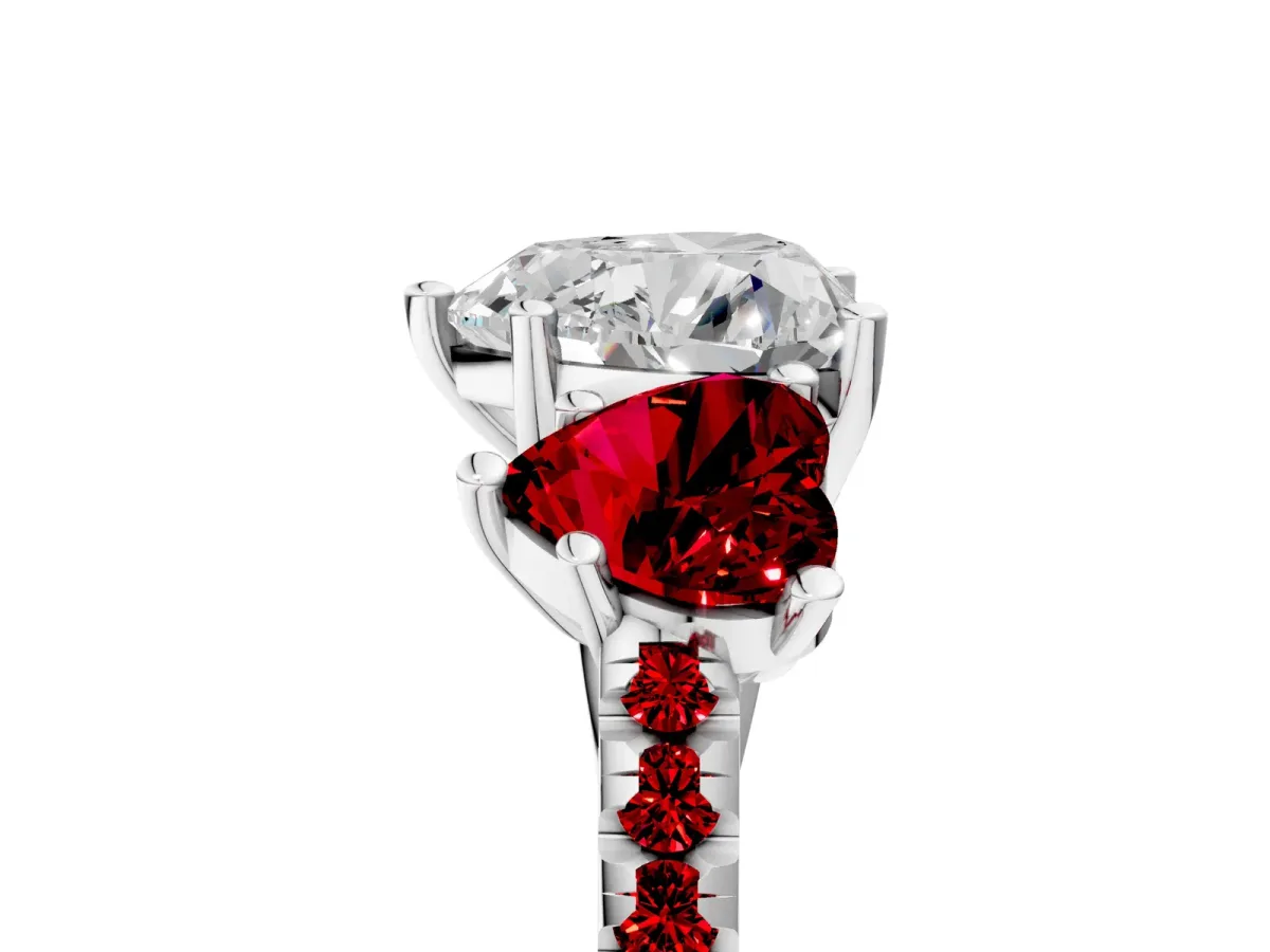 Three-Stone Heart Cut Diamond Ring with Round Ruby Pavé Band and Prong Setting Silver