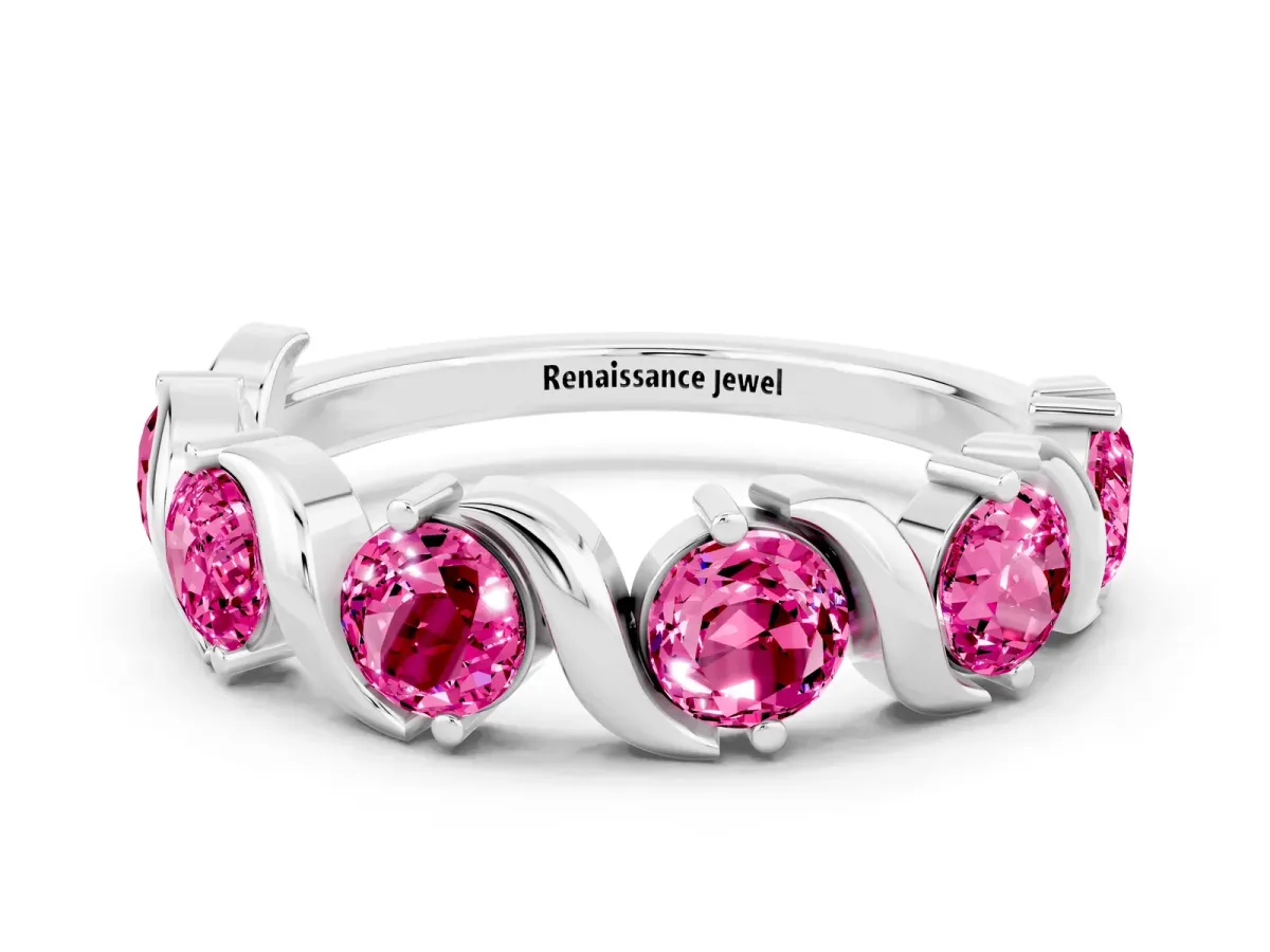 Round Pink Sapphire Half Eternity Band with Wave Prong Setting Platinum