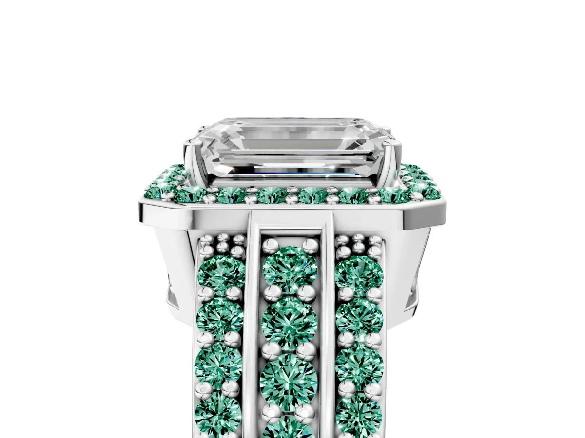 Emerald Cut Halo Diamond Ring with Round Green Sapphire Split Shank and Prong Setting Silver