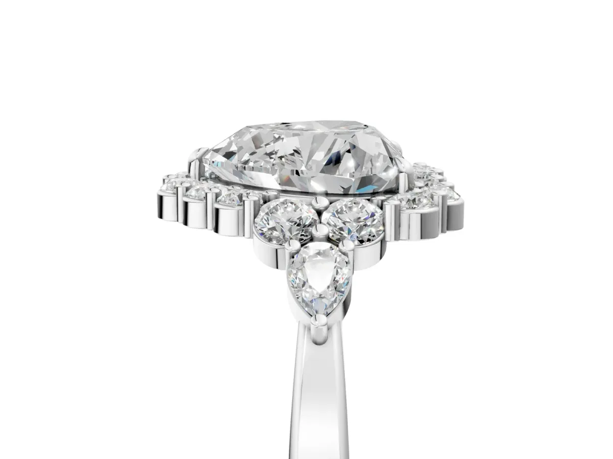 Heart Cut Diamond Halo Ring with Pear Side Stones and Prong Setting Silver