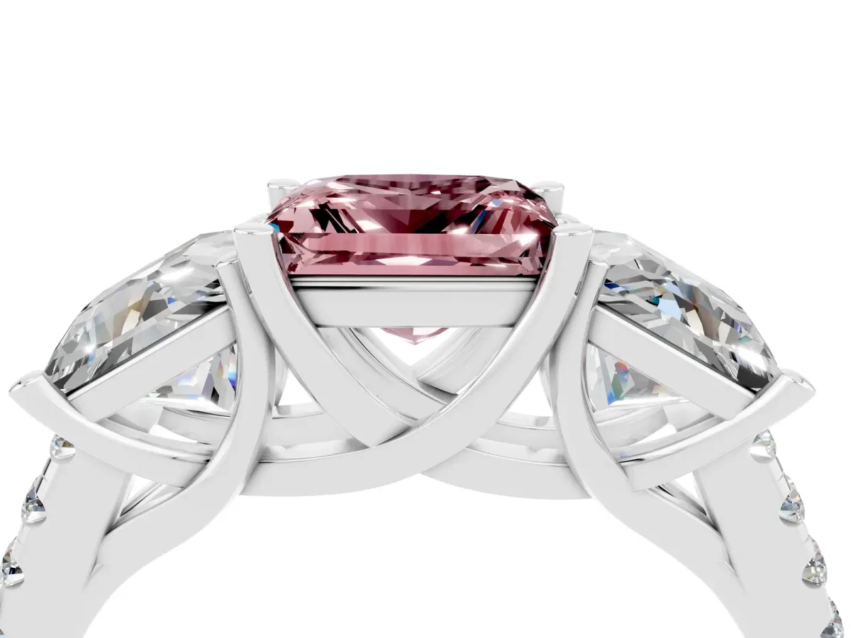 Three-Stone Princess Cut Morganite Ring with Round Pavé Band and Prong Setting Silver