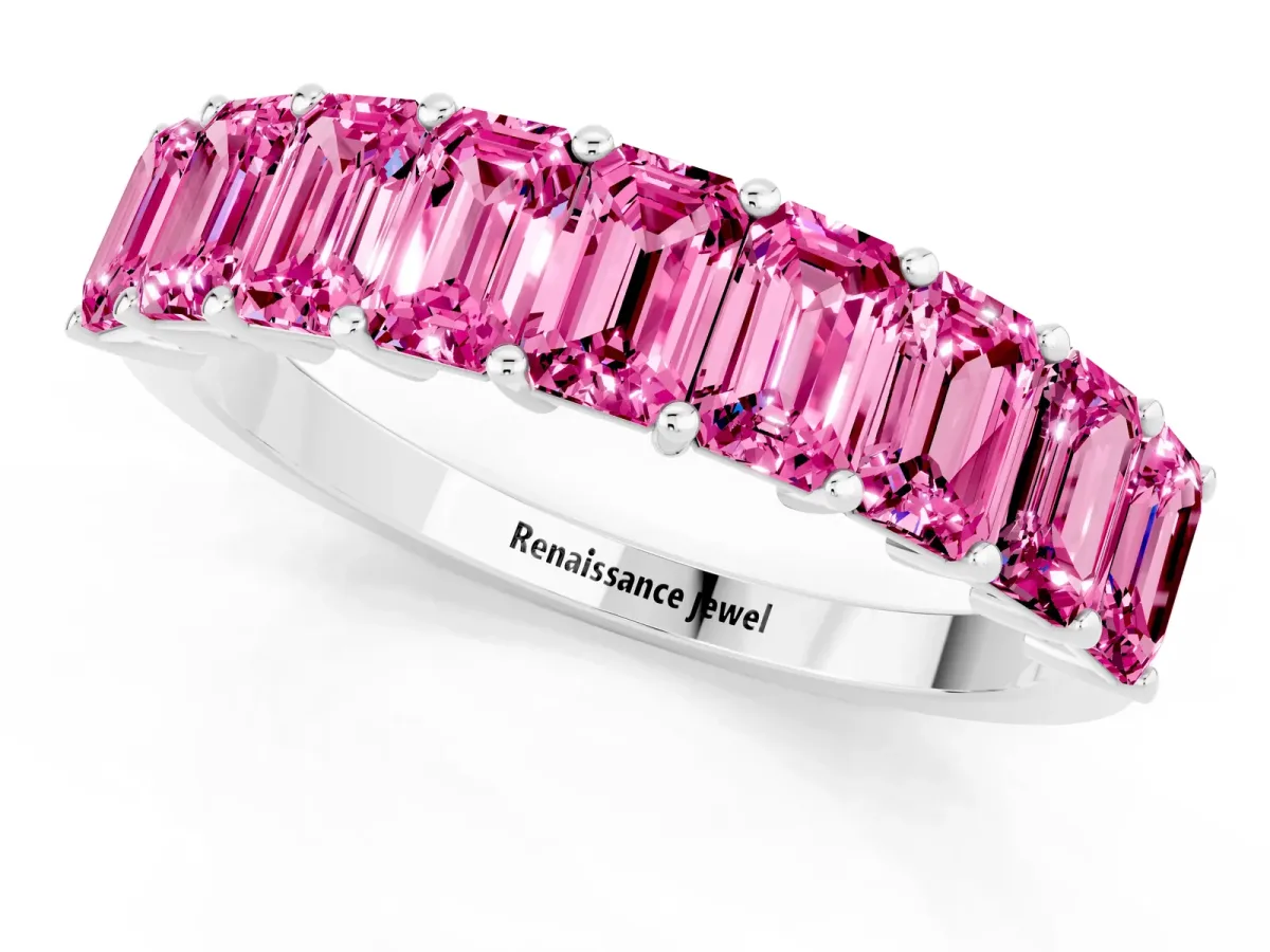 Emerald Cut Pink Sapphire Prong-Set Eternity Band Silver