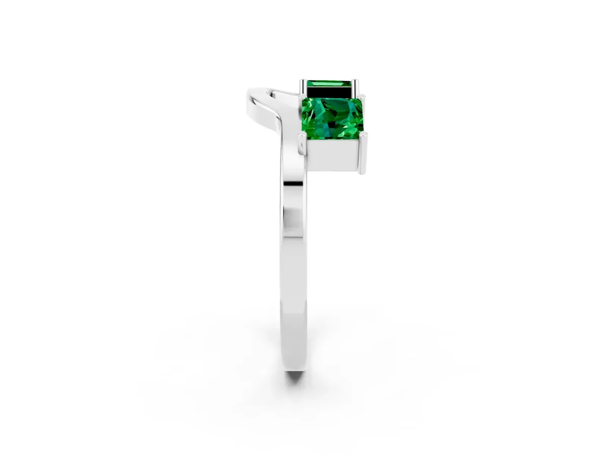 Princess Cut Emerald Two-Stone Open Band Ring with Four-Prong Setting White gold