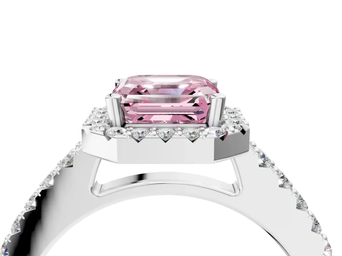 Fancy Pink Asscher Cut Halo Diamond Pavé Solitaire Ring Platinum