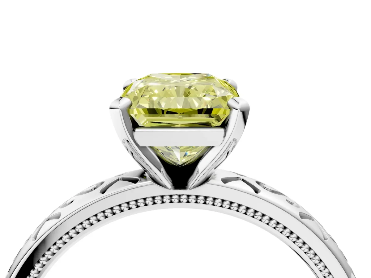 Fancy Yellow Radiant Cut Solitaire Engagement Ring with Scrollwork Band and Four-Prong Setting Platinum