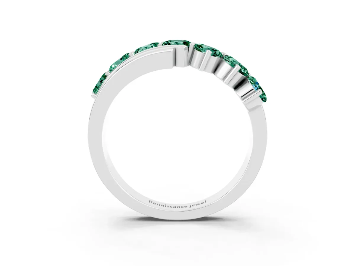 Round Green Sapphire Wave Band with Channel and Shared Prong Setting Silver