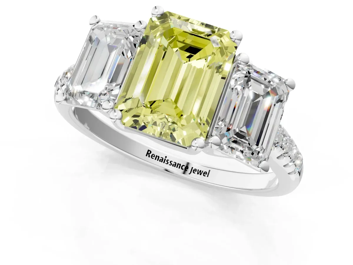 Fancy Yellow Three-Stone Emerald Cut Diamond Ring with Round Pavé Band and Prong Setting Silver