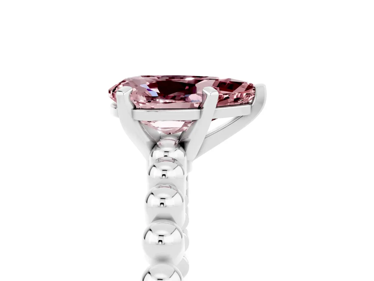 Pear Cut Morganite Solitaire Ring with Beaded Band and Prong Setting Silver