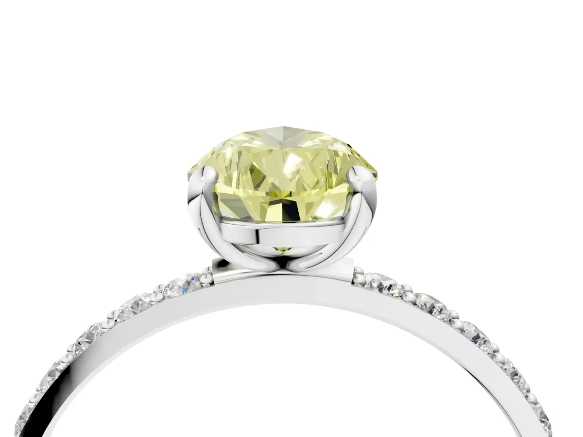 Fancy Yellow Pear Cut Diamond Solitaire Ring with Round Pavé Band and Prong Setting Silver