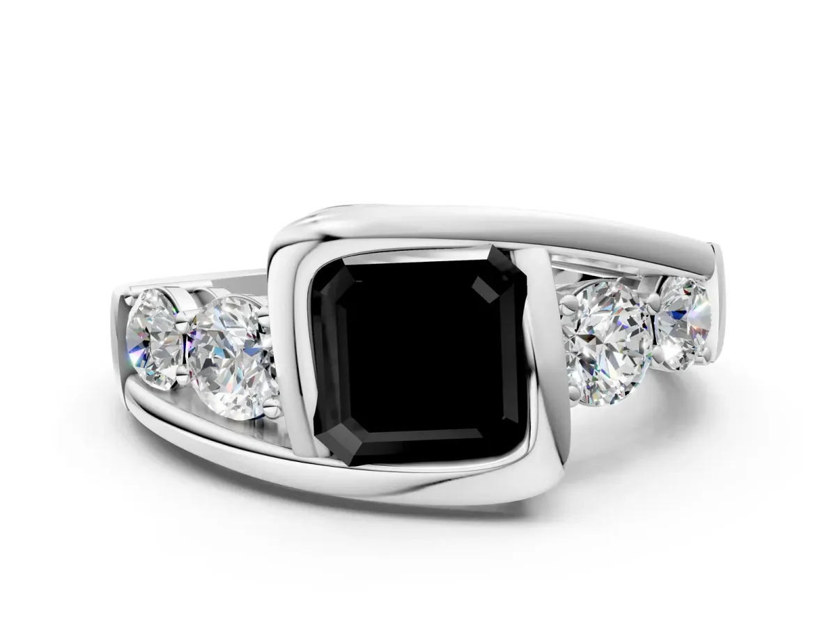 Fancy Black Bezel Set Asscher Cut Diamond Bypass Ring with Round Accents Silver