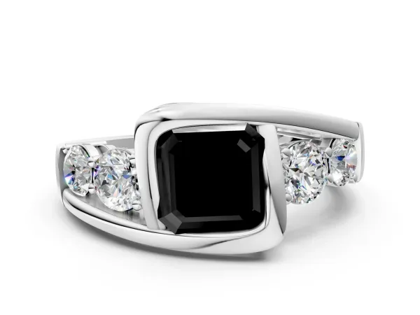 Fancy Black Bezel Set Asscher Cut Diamond Bypass Ring with Round Accents Platinum