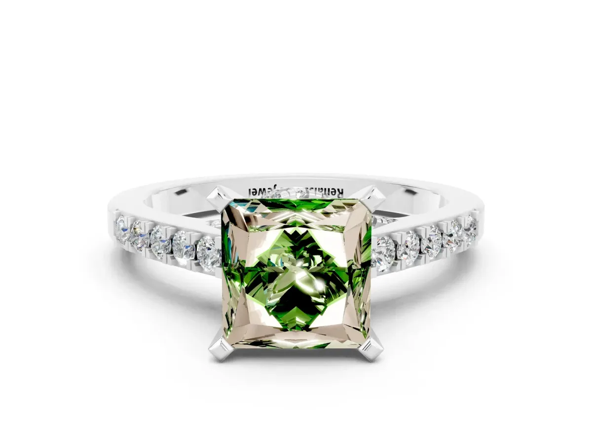 Princess Cut Peridot Solitaire Ring with Crossover Gallery and Round Pavé Band Silver