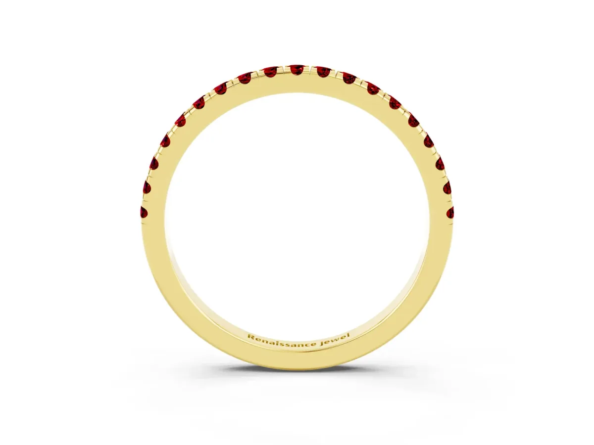 Pavé Round Ruby Half Eternity Band with Shared Prong Setting Yellow gold