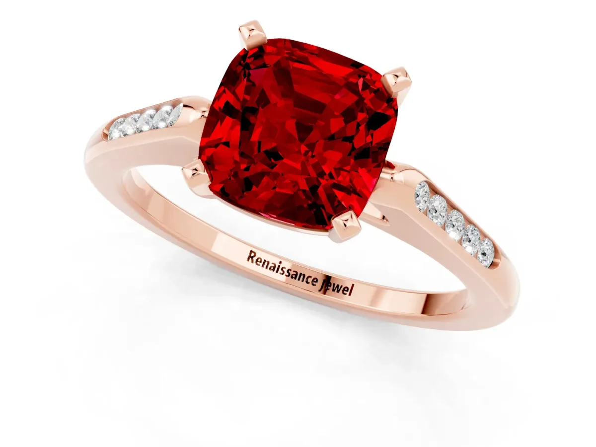 Cushion Cut Ruby Solitaire Ring with Channel Set Round Band and Prong Setting Rose gold