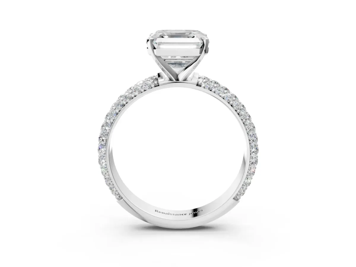 Asscher Cut Diamond Solitaire Ring with Prong Setting and Pavé Band Platinum