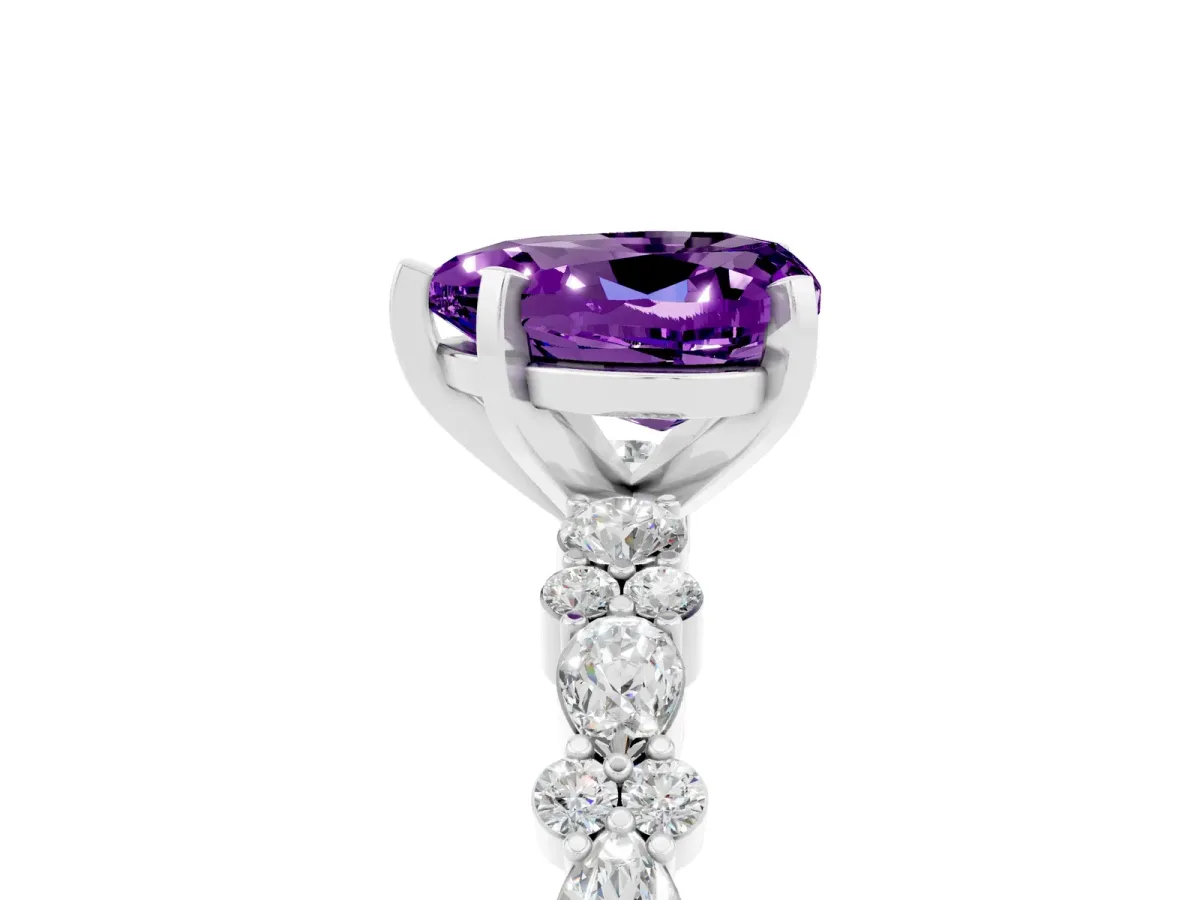 Heart Cut Amethyst Side Stone Solitaire Ring with Round and Four-Prong Setting Platinum