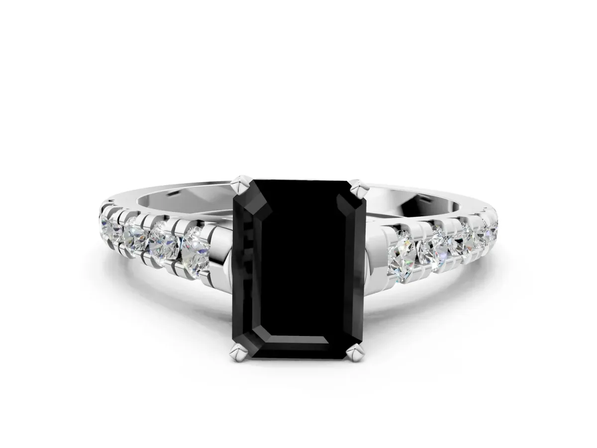 Fancy Black Emerald Cut Diamond Cathedral Solitaire Ring with Round Pavé Band Silver