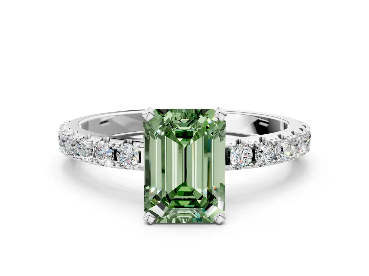 Fancy Green Emerald Cut Diamond Solitaire Pavé Band with Four-Prong Setting Silver
