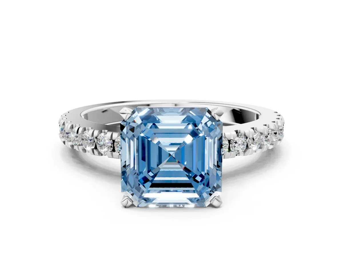 Fancy Blue Asscher Cut Solitaire Diamond with Pavé Band and Four-Prong Setting Silver