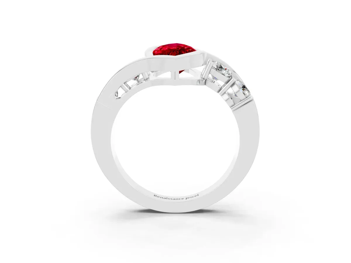Bezel Set Marquise Cut Ruby Bypass Ring with Round Accents Platinum