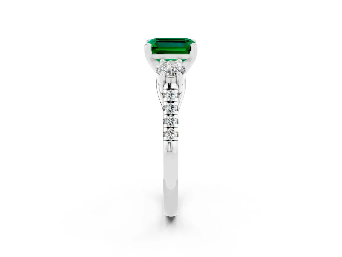 Three-Stone Emerald Cut Emerald Pavé Band with Four-Prong Setting Silver