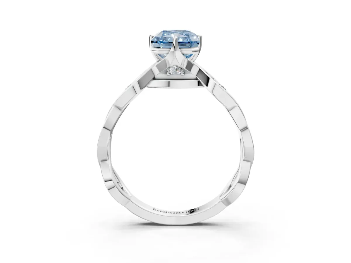 Fancy Blue Radiant Cut Solitaire Twist Band with Leaf Prong Setting Platinum