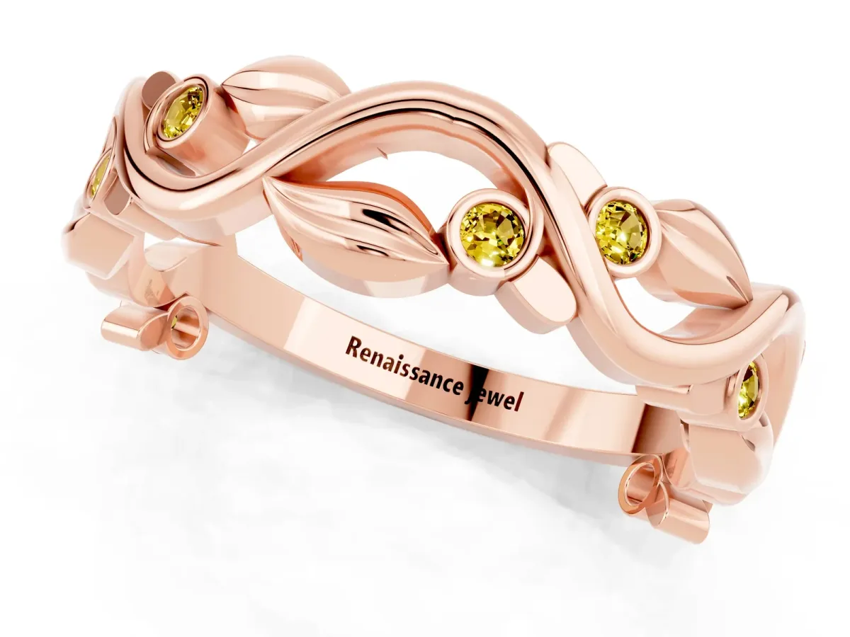 Round Yellow Sapphire Leaf Eternity Band with Bezel Setting Rose gold
