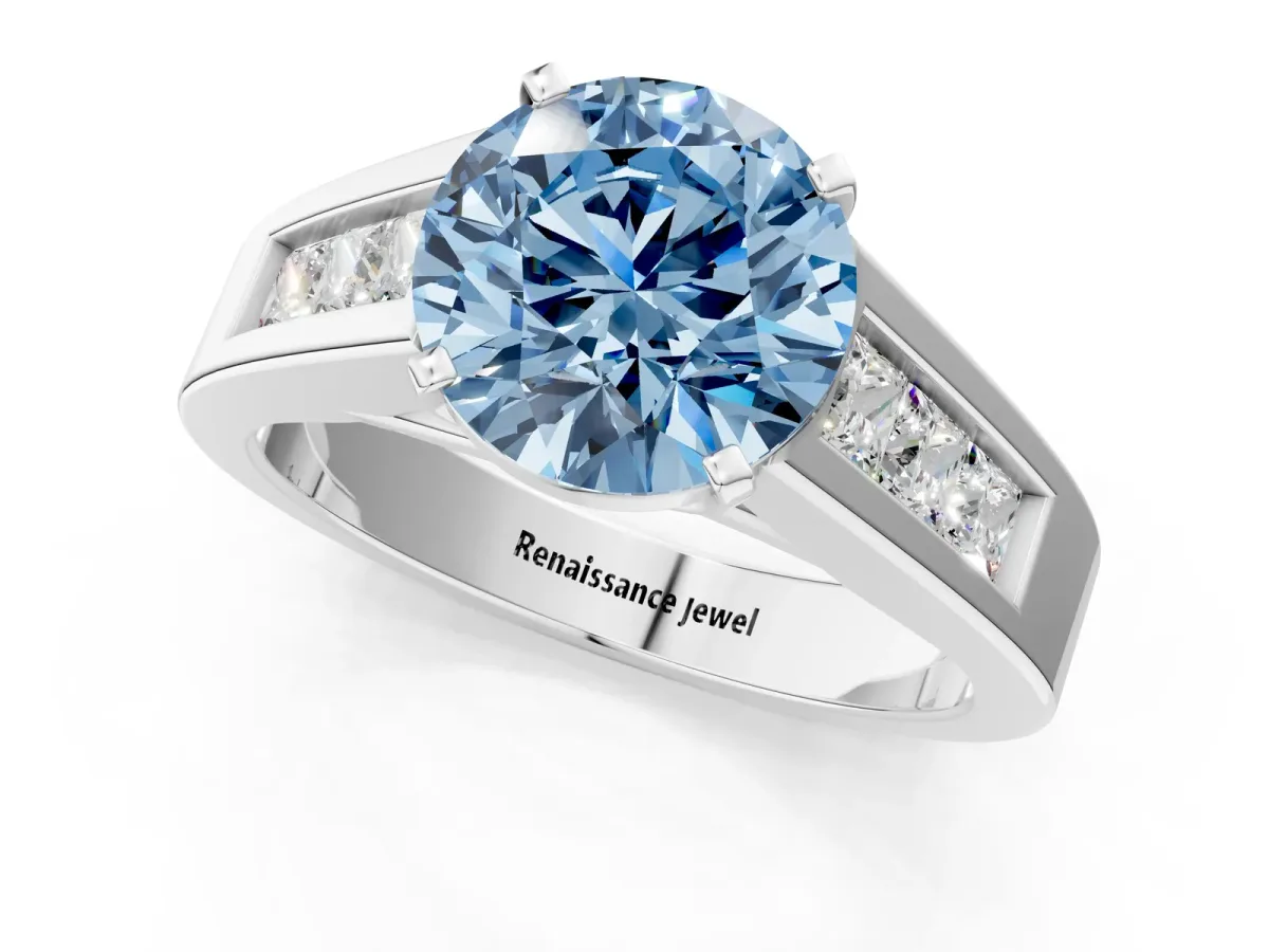 Fancy Blue Round Cut Cut Channel Set Solitaire Ring with Four-Prong Setting Platinum