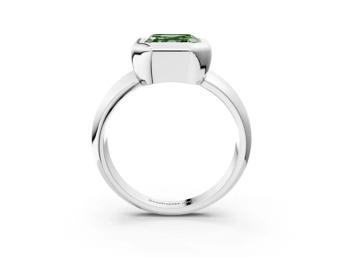 Fancy Green Bezel Set Asscher Cut Solitaire Ring with Wide Band Platinum
