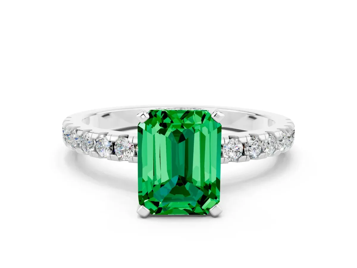 Emerald Cut Emerald Solitaire Ring with Round Pavé Band and Four-Prong Setting Silver