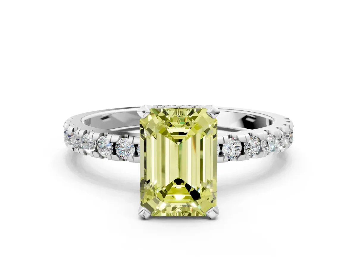 Fancy Yellow Emerald Cut Diamond Solitaire Ring with Round Pavé Band and Four-Prong Setting Silver