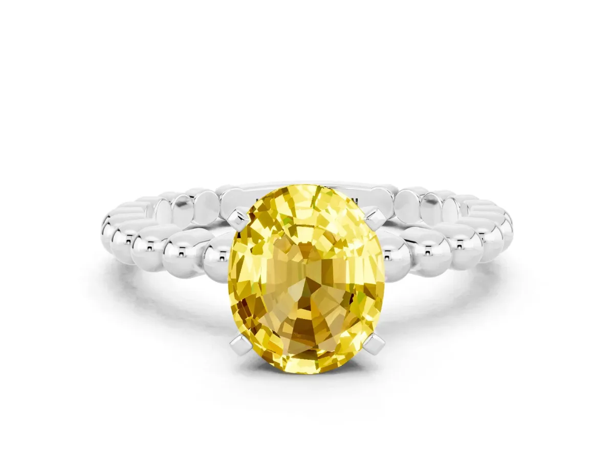 Oval Cut Yellow Sapphire Solitaire Ring with Beaded Band and Prong Setting Platinum