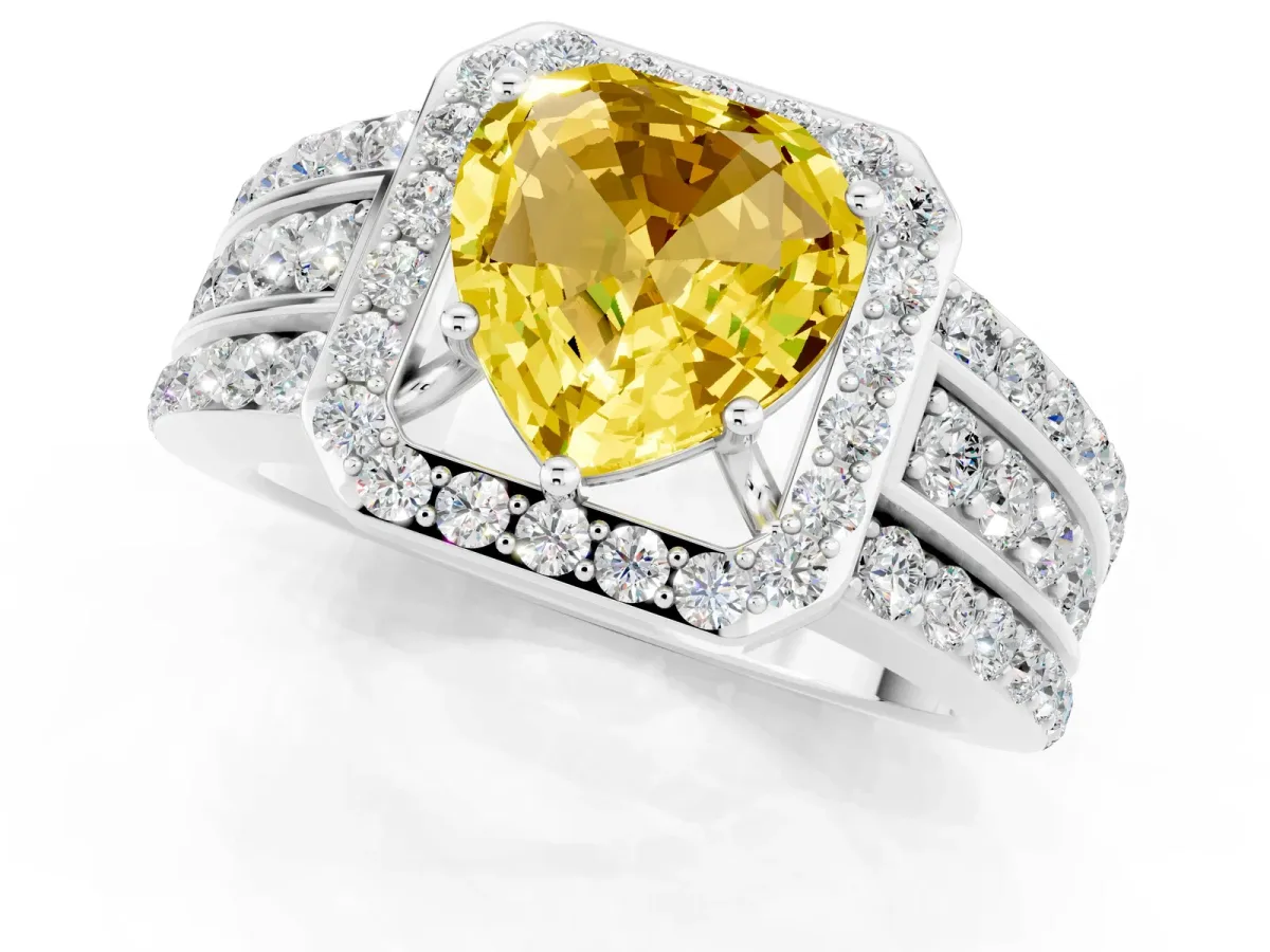 Heart Cut Halo Yellow Sapphire Ring with Round Split Shank and Prong Setting Silver