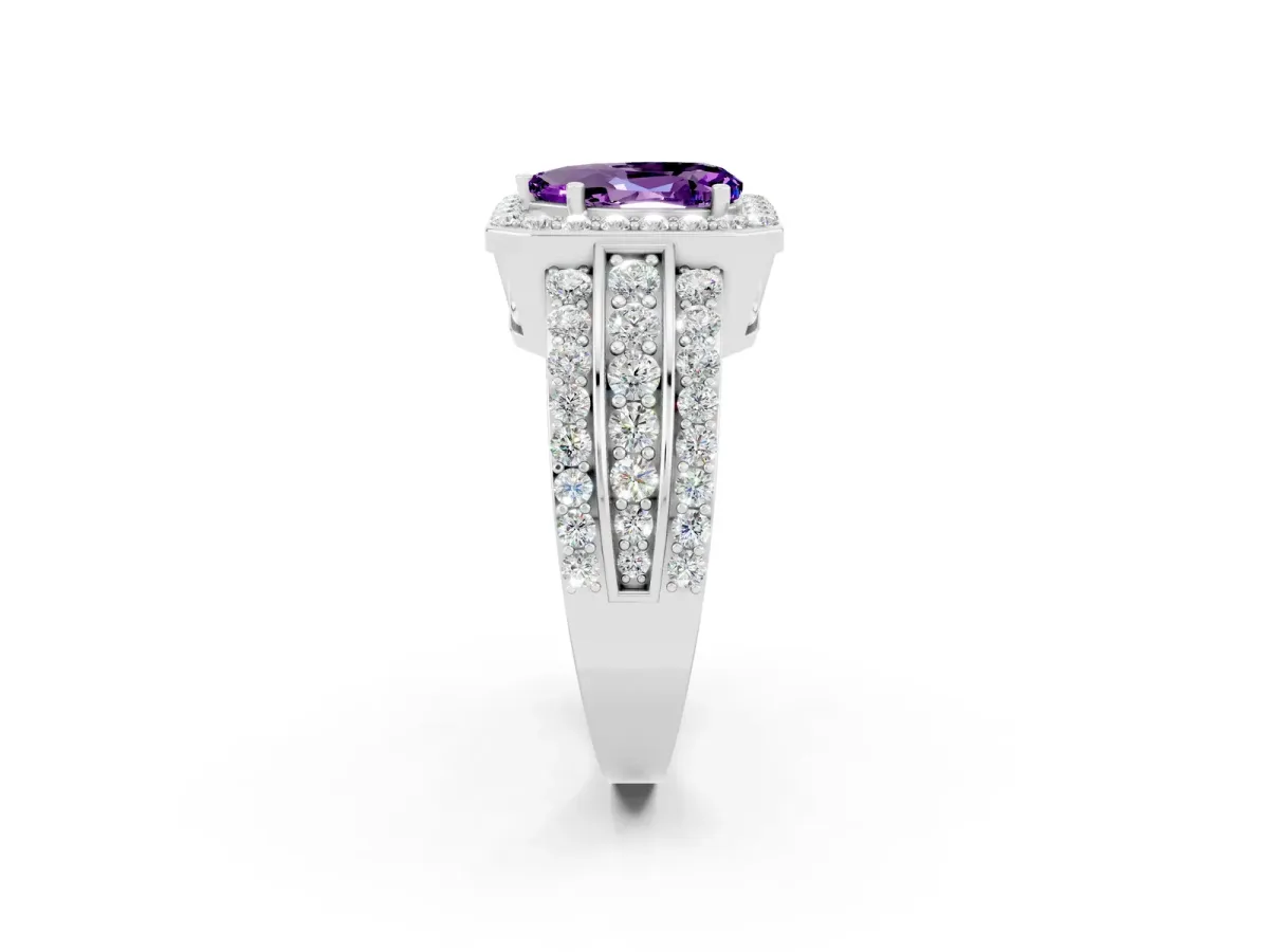 Pear Cut Halo Amethyst Ring with Round Split Shank and Prong Setting White gold