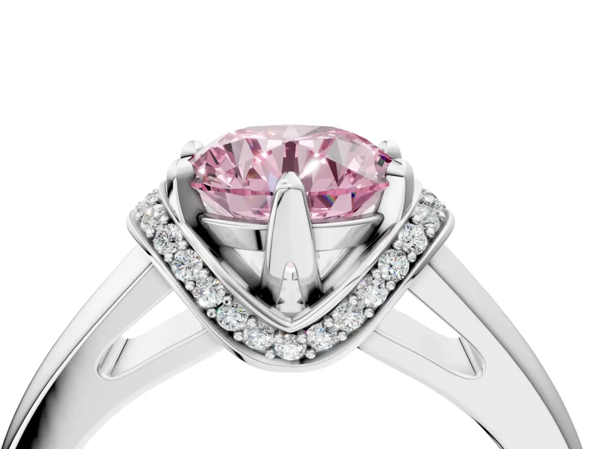 Fancy Pink Round Cut Solitaire Diamond Ring with Pave Band and Six-Prong Setting Silver