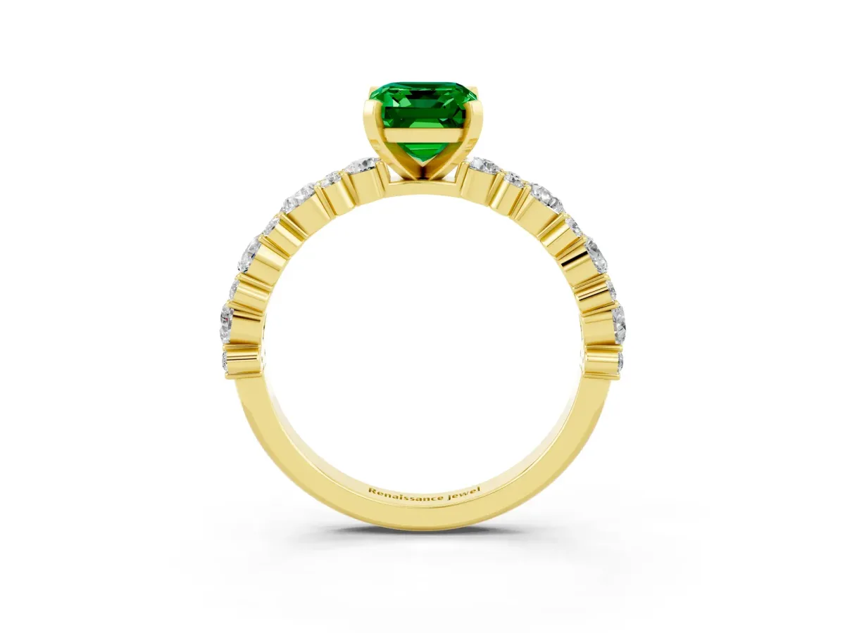 Emerald Cut Emerald Side Stone Solitaire Ring with Round and Four-Prong Setting Yellow gold