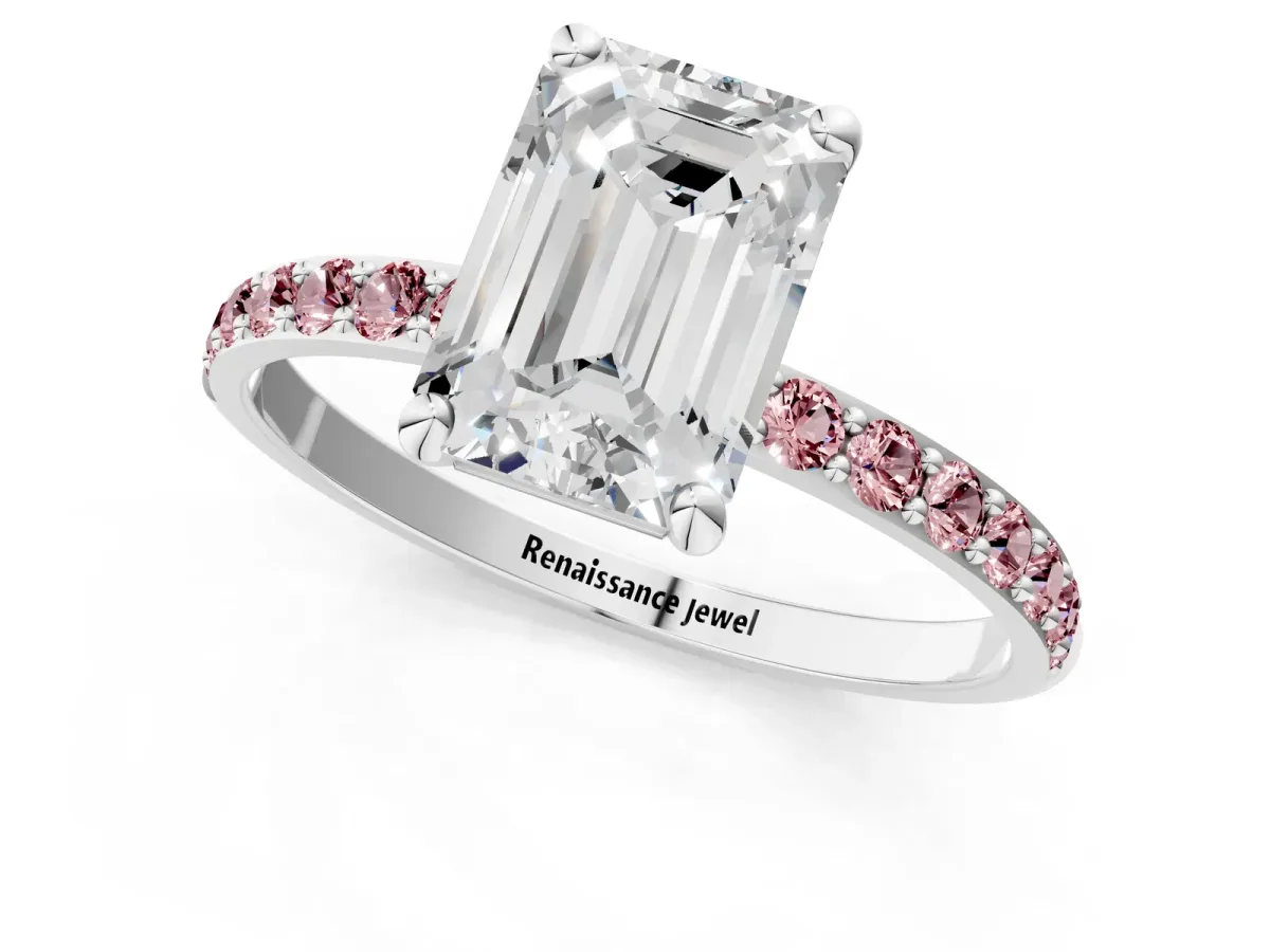 Emerald Cut Diamond Solitaire Ring with Round Morganite Pavé Band and Prong Setting Silver