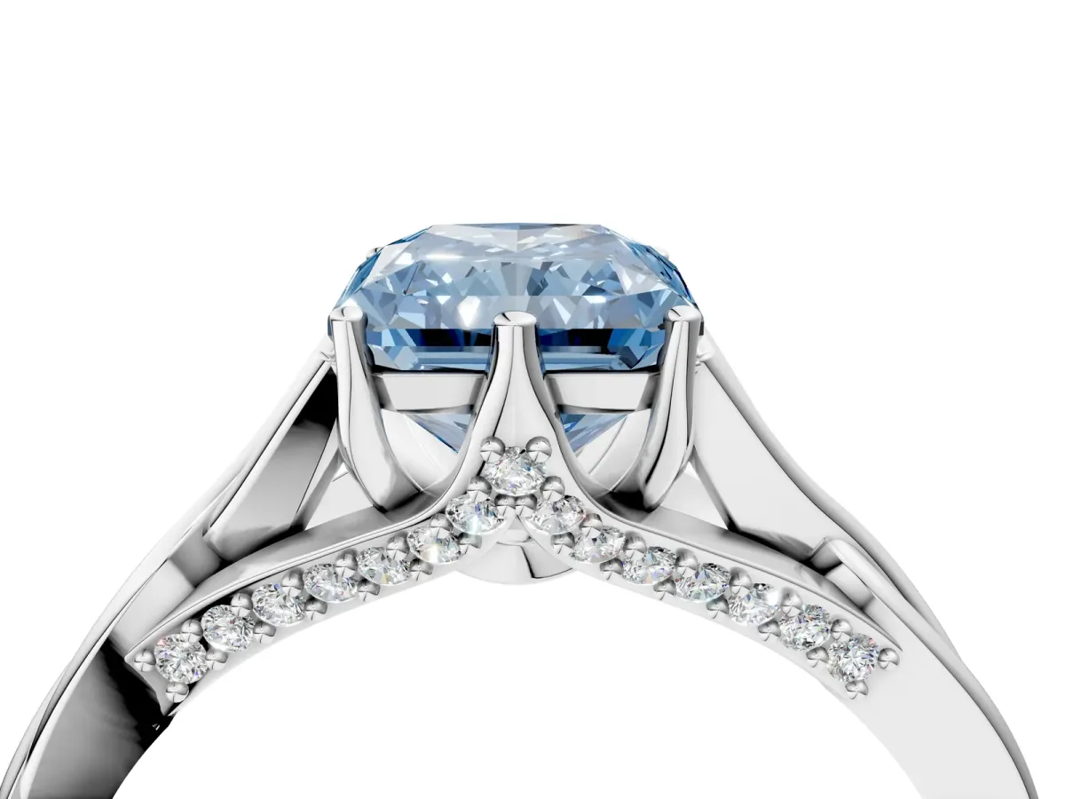 Fancy Blue Radiant Cut Solitaire Twist Band Six-Prong Setting Platinum