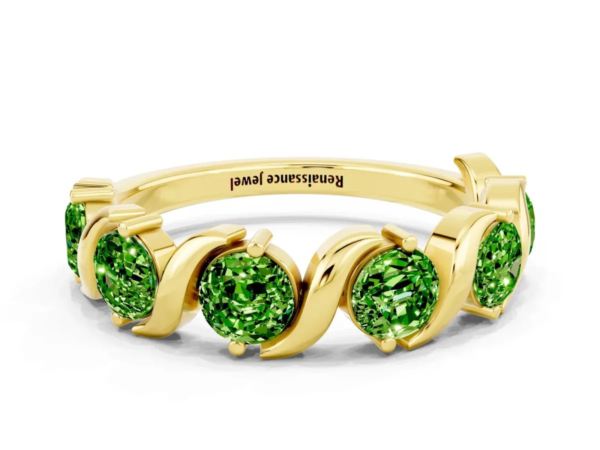 Six-Stone Round Peridot Wave Band with Shared Prong Setting Yellow gold