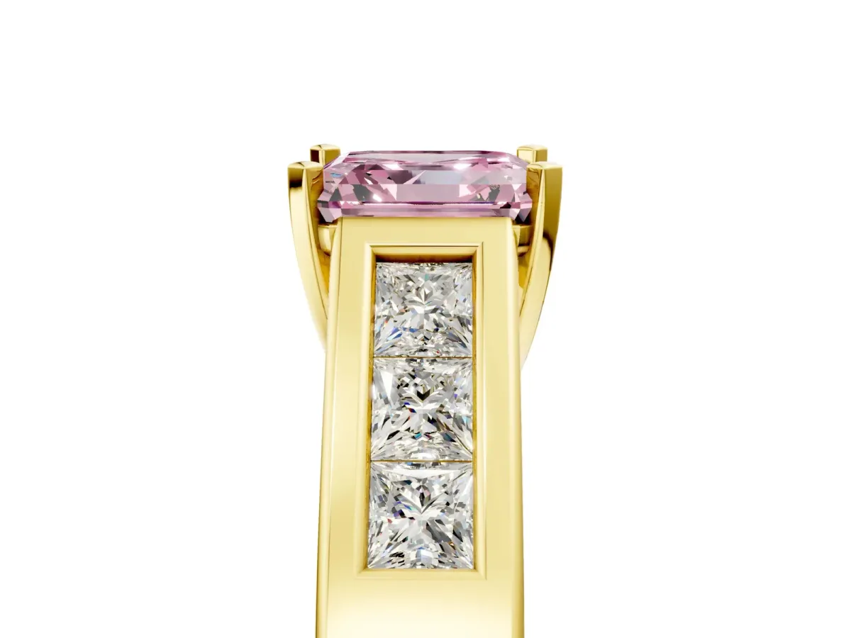 Fancy Pink Asscher Cut Cut Channel Set Solitaire Ring with Four-Prong Setting Yellow gold
