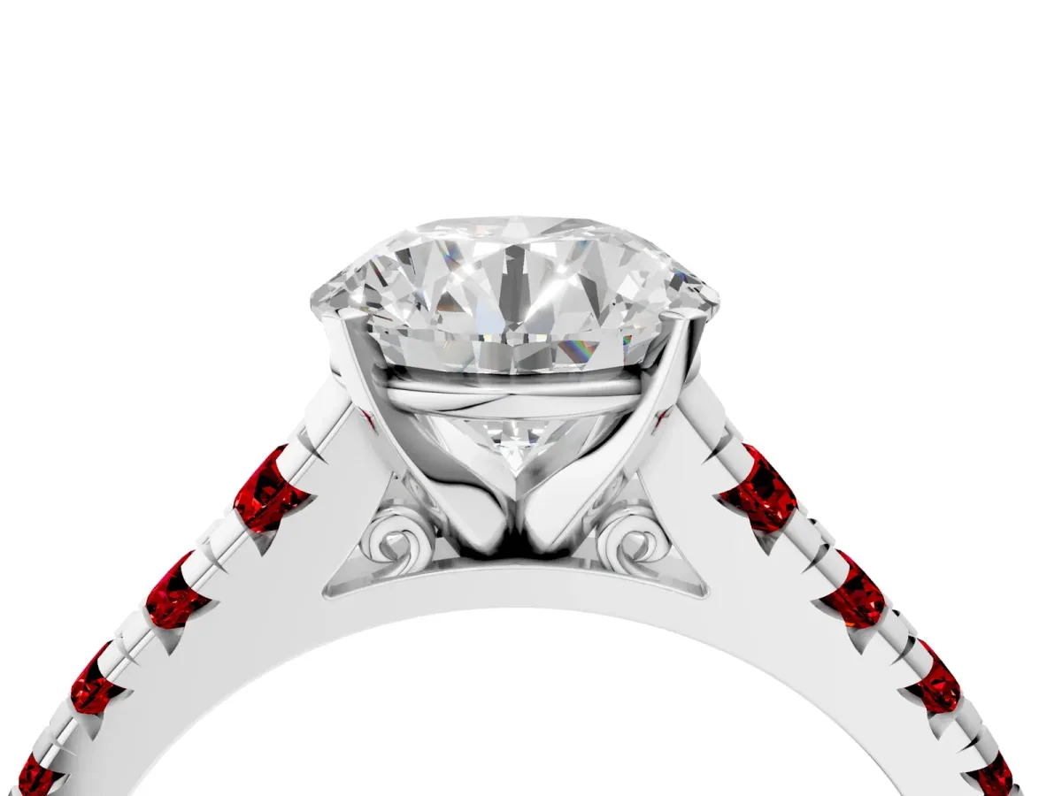 Round Cut Diamond Cathedral Solitaire Ring with Round Ruby Pavé Band White gold
