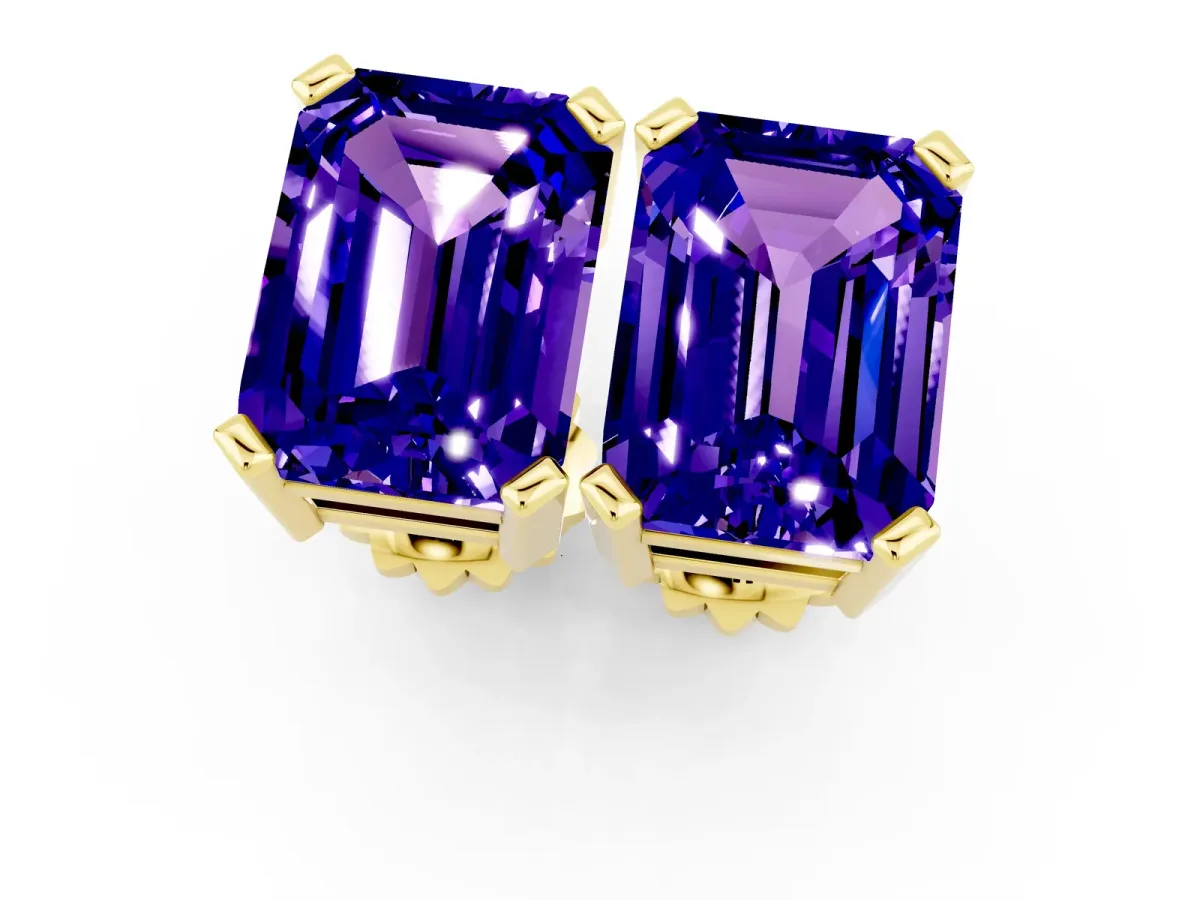 Emerald Cut Tanzanite Stud Earrings Yellow gold