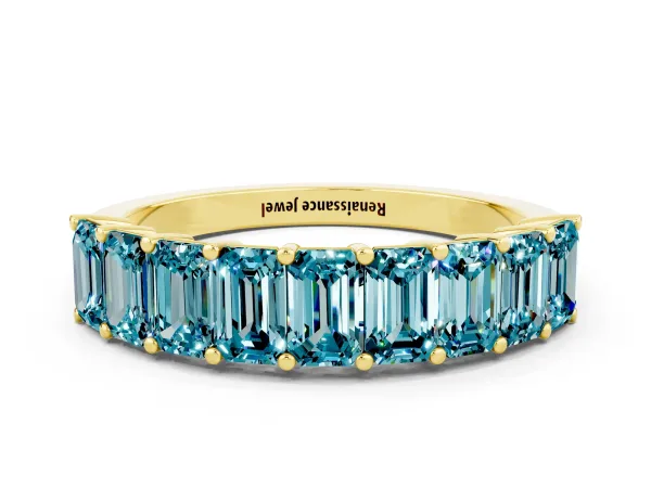 Emerald Cut Blue Topaz Prong-Set Eternity Band Yellow gold