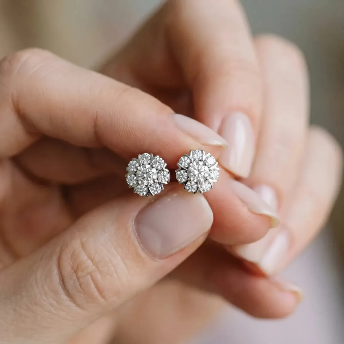 Round Cluster Diamond Stud Earrings with Prong Setting Silver
