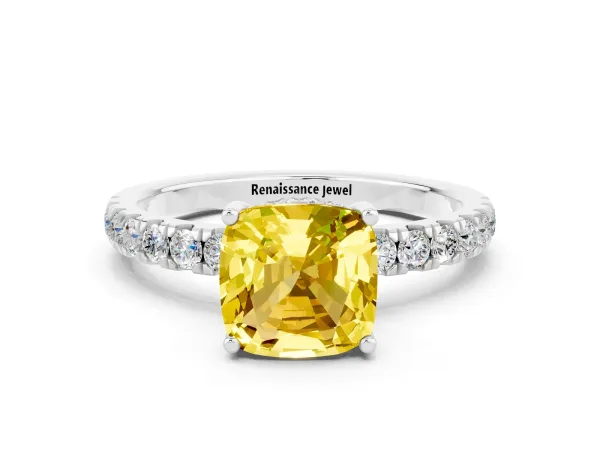 Cushion Cut Yellow Sapphire Pave Band Solitaire Ring with Round and Prong Setting Platinum