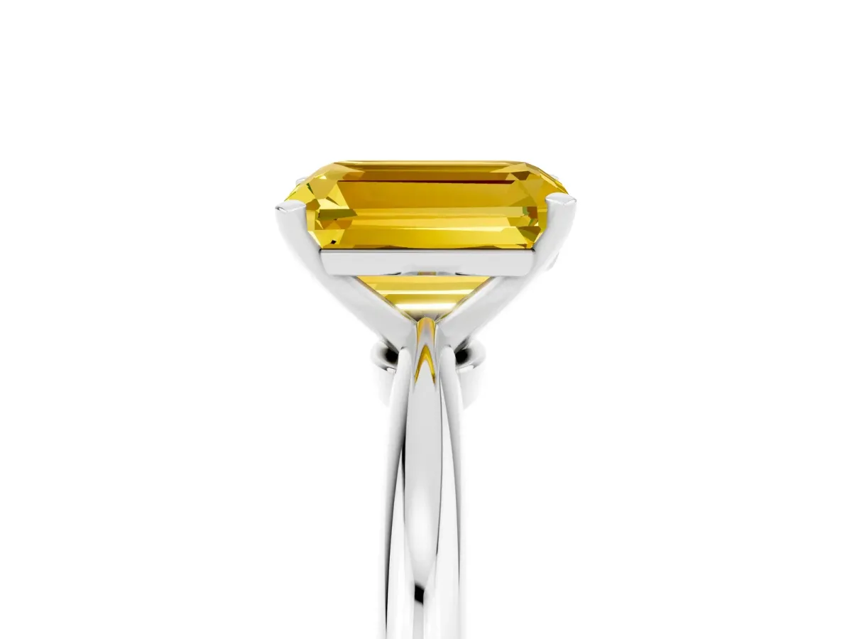 Emerald Cut Yellow Sapphire Solitaire Ring with Six-Prong Setting and Classic Band Silver